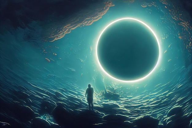 Un plongeur dans les étendues d'eau sous une couche d'eau regarde une illustration 3d de sphère lumineuse