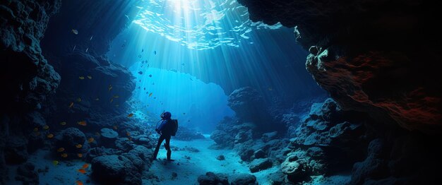 Photo un plongeur dans la grotte sous-marine