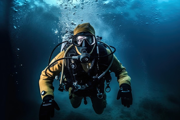 Un plongeur dans une veste jaune et une cagoule flotte sous l'eau.
