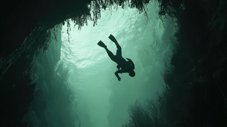 Photo un plongeur explore une grotte sous-marine entourée de végétation aquatique et d'une lumière douce