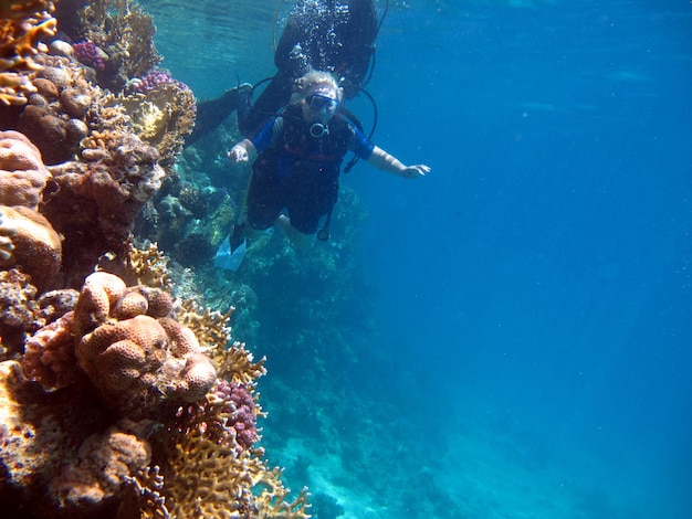 Plongeur de femme et beau récif de corail coloré sous l'eau.