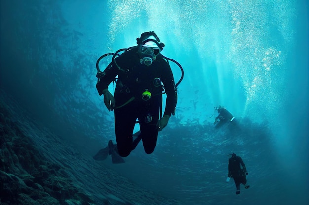 Plongeur flottant et plongeur vue sous-marine de l'eau bleue et du fond