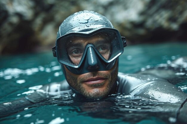 Plongeur libre avec des lunettes à la surface de l'eau avant de plonger