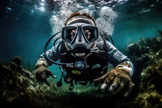 Un plongeur avec un masque et un sourire sur son visage est sous l'eau.