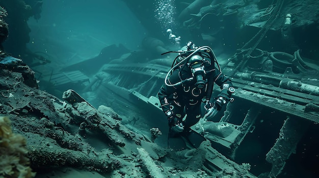 Un plongeur en mer profonde explore une épave.