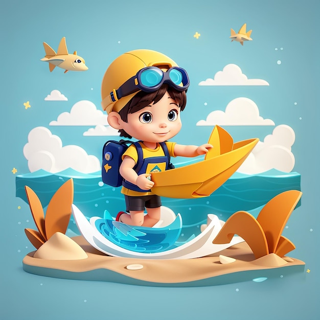 Un plongeur mignon jouant au bateau en papier sur la plage. Icon de dessin animé vectoriel illustration vacances scientifiques isolées.