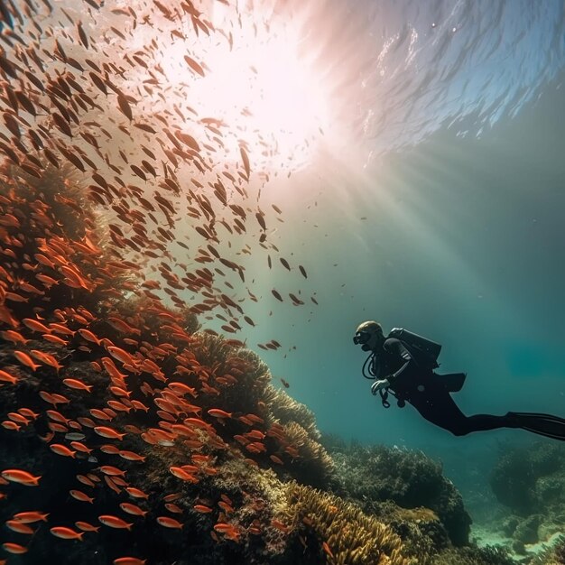 Photo un plongeur nage devant un récif corallien avec des poissons nageant en arrière-plan