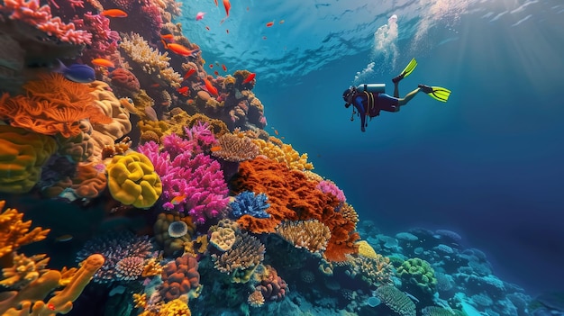 Un plongeur nage sous l'eau sur la toile de fond de la belle flore et de la faune vivantes de l'océan photo-réaliste de la mer sous-marine