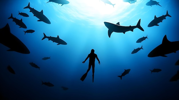 Un plongeur nage sous une mer de requins.