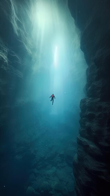 un plongeur nage à travers une grotte avec le soleil brillant à travers l'eau