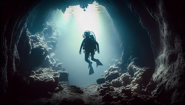 Plongeur sous-marin nageant dans un océan profond