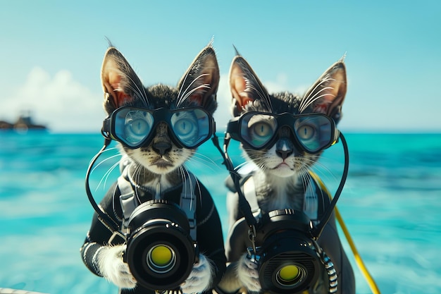 plongeurs de chats et photographe portant un masque et un équipement