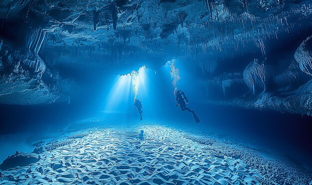 des plongeurs dans une grotte sous-marine avec un plongeur dans l'eau