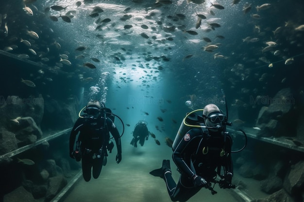 plongeurs explorant à travers un tunnel dans l'océan