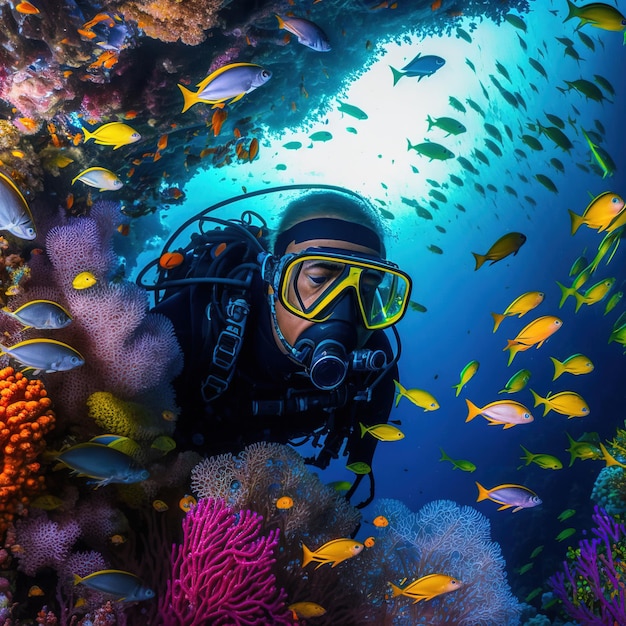 Plongeurs près du magnifique récif corallien entouré de bancs de poissons colorés Generative AI