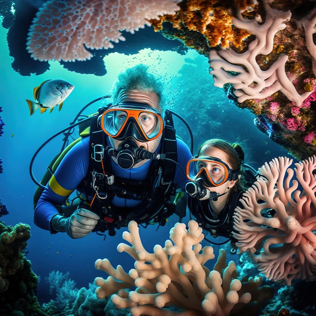 Plongeurs près du magnifique récif corallien entouré de bancs de poissons colorés Generative AI