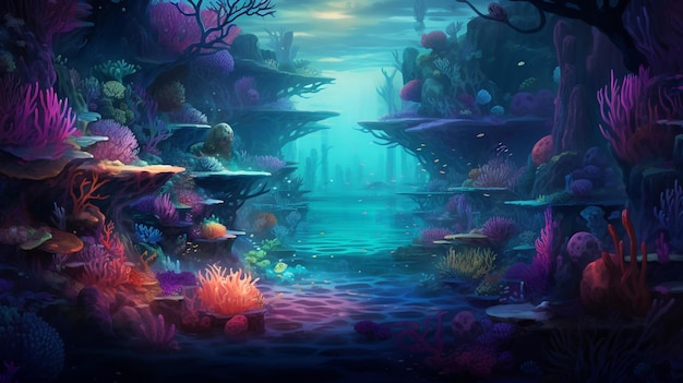 Plongez dans un archipel où les récifs coralliens brillent avec la bioluminescence créant un surréalisme