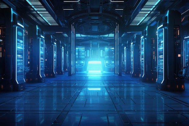 Plongez dans une expérience visuelle captivante alors qu'une vaste pièce s'illumine d'une abondance de lumières bleues vibrantes Une scène de science-fiction d'une énorme salle de serveur pleine de lumières générées par l'IA
