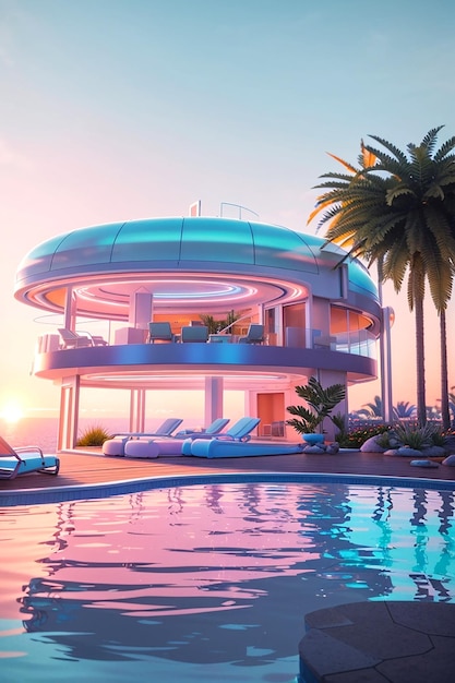 Plongez dans le monde du retrofuturisme en vous détendant près d'une piscine circulaire.