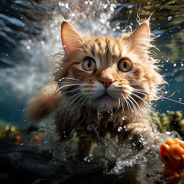 Plongez dans le rire avec une caricature humoristique d'un chat nageant sous l'eau animée grâce à l'IA générative