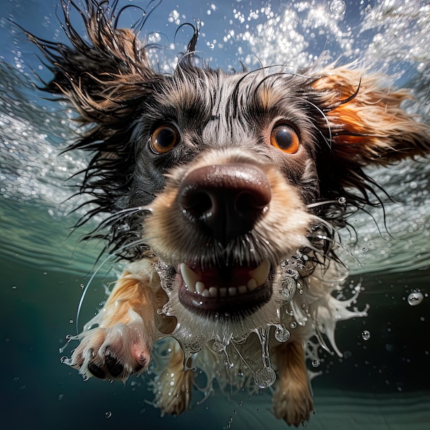 Plongez dans le rire avec une caricature humoristique d'un chien nageant sous l'eau animée par