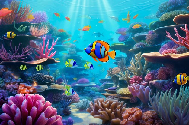 Plongez dans une scène sous-marine vivante à travers cette illustration captivante mettant en vedette un environnement marin diversifié avec des coraux florissants et une variété de poissons animés