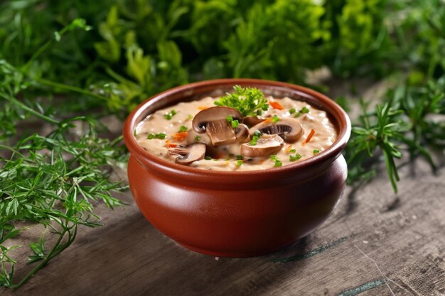 Plongez dans une soupe crémeuse aux champignons capturée grâce à la photographie culinaire