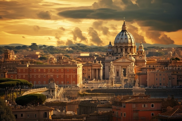 Plongez dans les vues à couper le souffle de la ville de Rome au coucher du soleil en capturant l'essence de son charme historique et de sa beauté intemporelle Rome Italie vue sur la ville AI généré AI généré