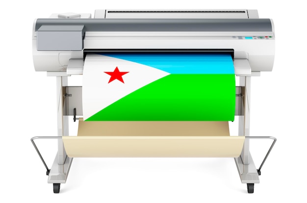 Photo plotteur d'imprimante grand format avec rendu 3d du drapeau djiboutien.