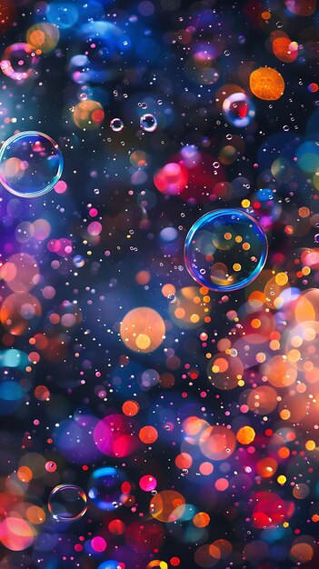 Pluie de bulles lumineuses capricieuses avec des bulles colorées et un fond en néon collage Y2K multi-lumineux