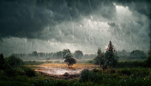 Photo pluie sur un champ avec des arbres et des buissons d'herbe un jour d'été sous les nuages gris