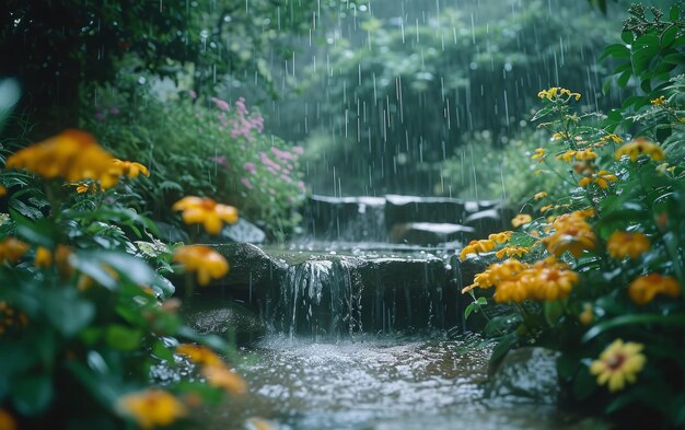 Pluie dans un jardin luxuriant