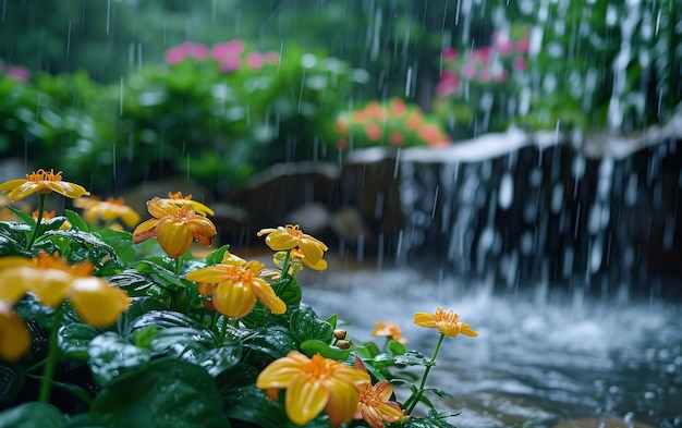Pluie dans un jardin luxuriant