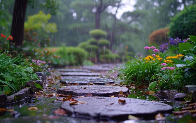 Pluie dans un jardin luxuriant