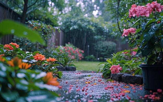 Pluie dans un jardin luxuriant