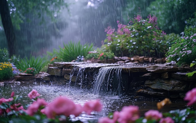 Pluie dans un jardin luxuriant