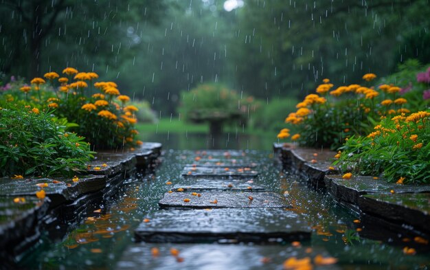 Pluie dans un jardin luxuriant