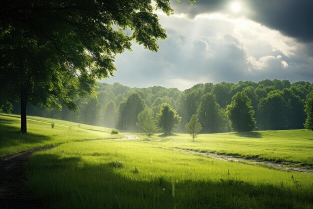 Pluie d'été sur un pré vert au soleil