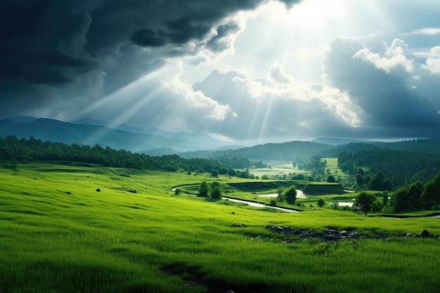 Pluie d'été sur un pré vert au soleil