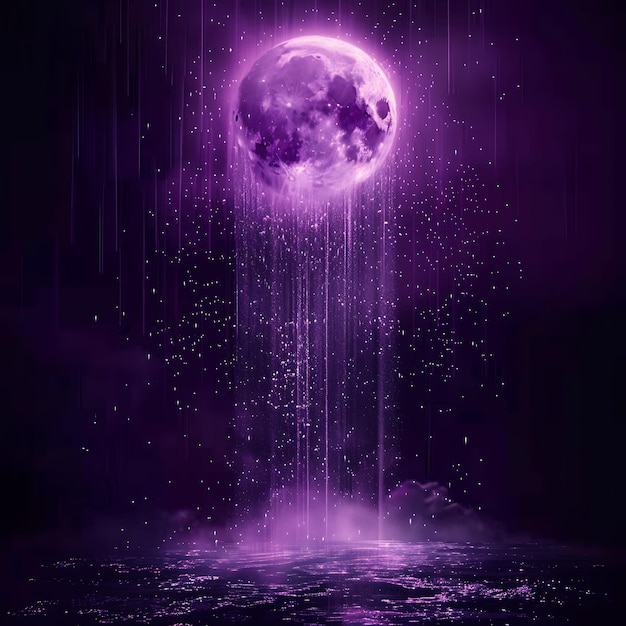 La pluie lumineuse lunaire avec des gouttelettes de lumière de lune et du C mystique violet brillant Y2K Arrière-plan au néon collage