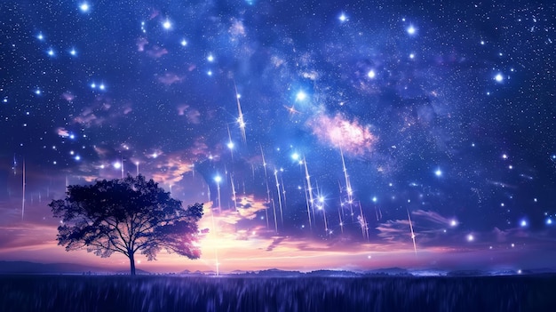 Photo une pluie de météores astrale éclaire une scène tranquille sous un ciel étoilé.