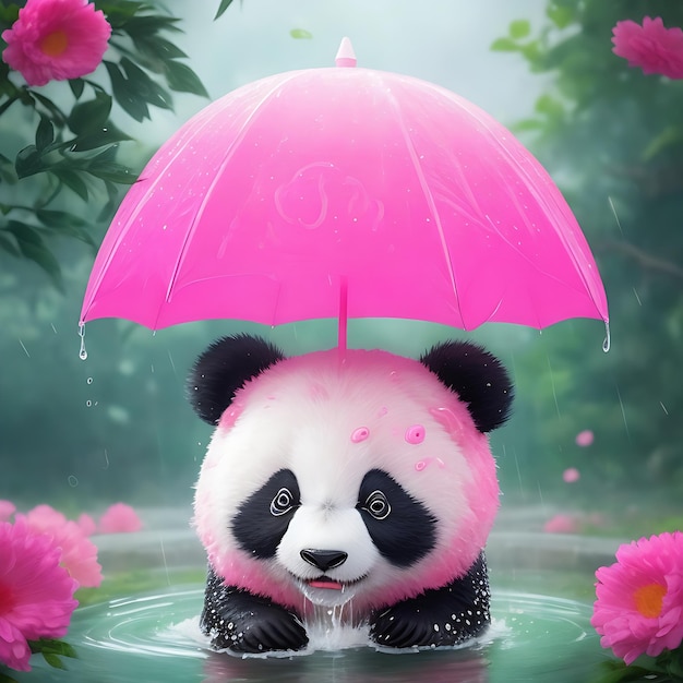 Pluie de pastèque rose et panda mignon