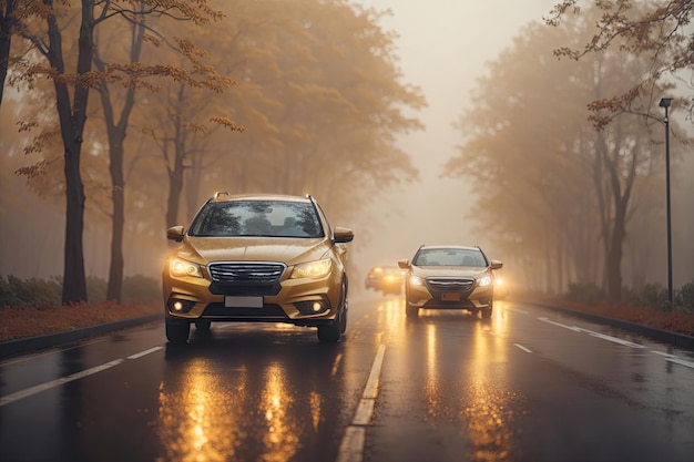 la pluie les phares d'automne la voiture l'autoroute le brouillard le fond ai génératif