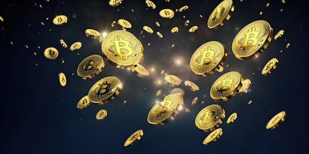 Pluie de pièces de monnaie bitcoin dorées sur fond sombre