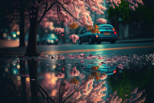 Pluie de printemps avec réflexions sur les flaques d'eau dans la rue de la ville