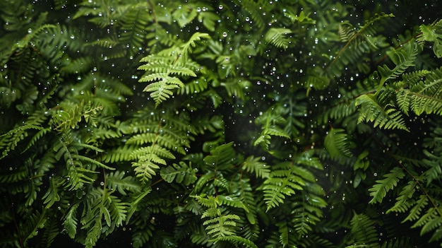 La pluie qui tombe sur une dense brousse de fougères créant une danse hypnotisante de gouttes d'eau au milieu du feuillage