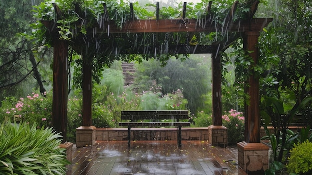 La pluie qui tombe sur un treillis luxuriant couvert de vignes crée une toile de fond sereine pour la relaxation en plein air
