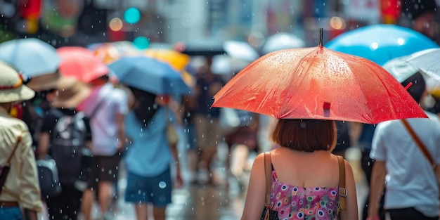 Pluie de soleil sur une rue de la ville parapluies ouverts pour se protéger contre la vague de chaleur