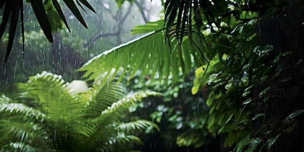 Photo la pluie tombe dans une forêt tropicale avec les gouttes de pluie generative ai