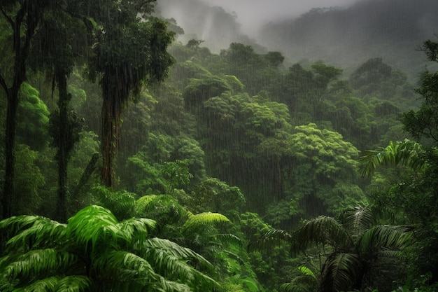 La pluie tombe sur une forêt tropicale.